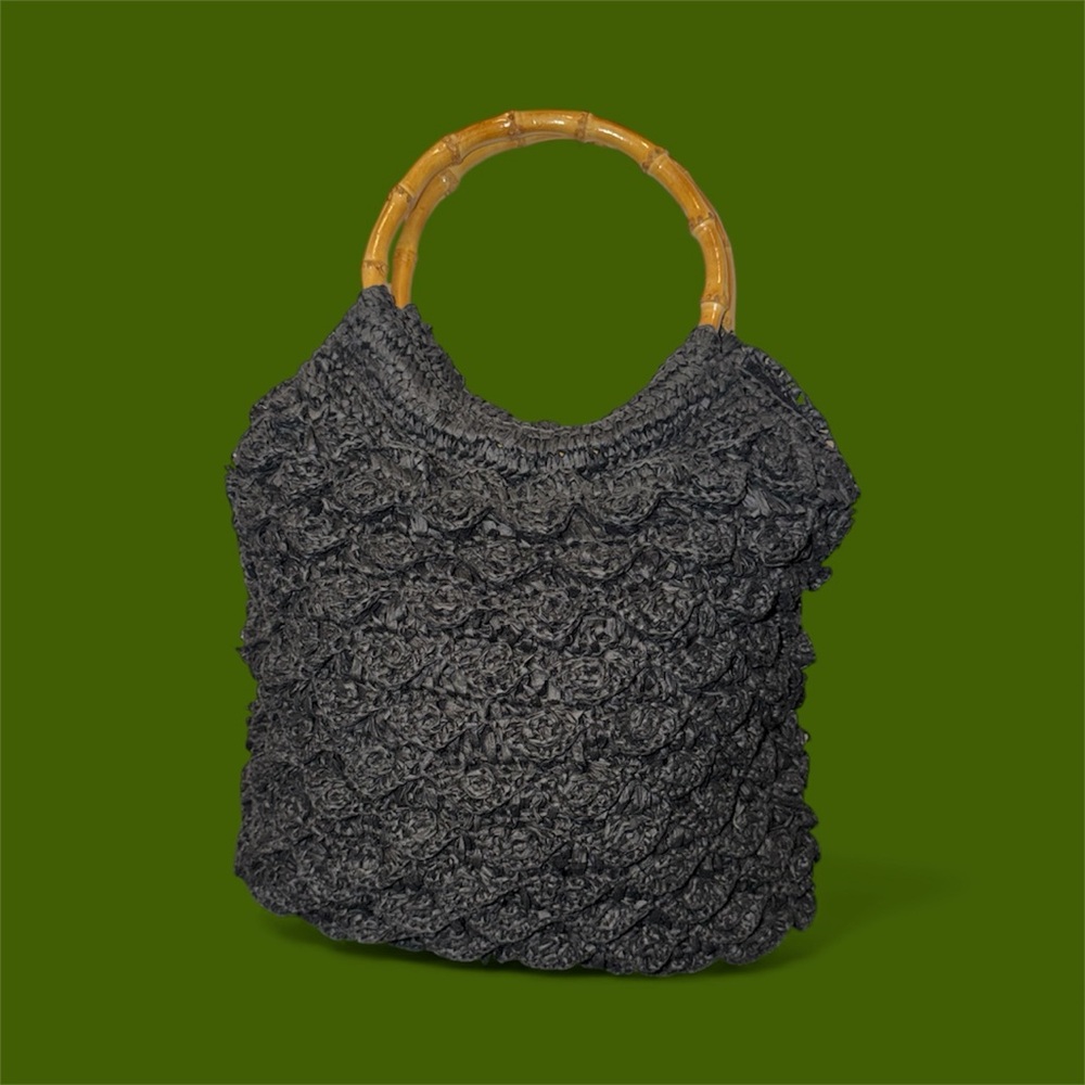 J. Crew Black Textured Tote with Bamboo Handle